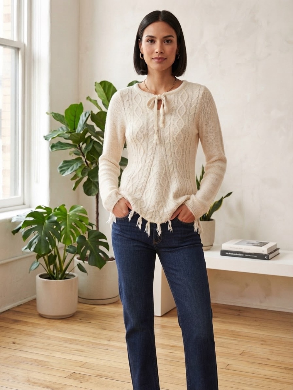 Prana Cream Cable Knit Tie-Neck Sweater with Fringe Hem